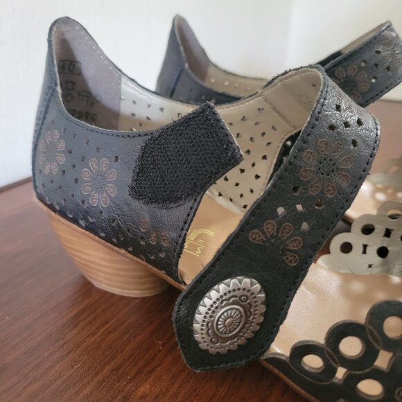 Rieker Antistress Mirjam 53 Women Black Leather Floral Chunky Heels Shoes 40 8.5 - Picture 4 of 9